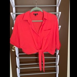Topshop oversized red knot button-up crop top